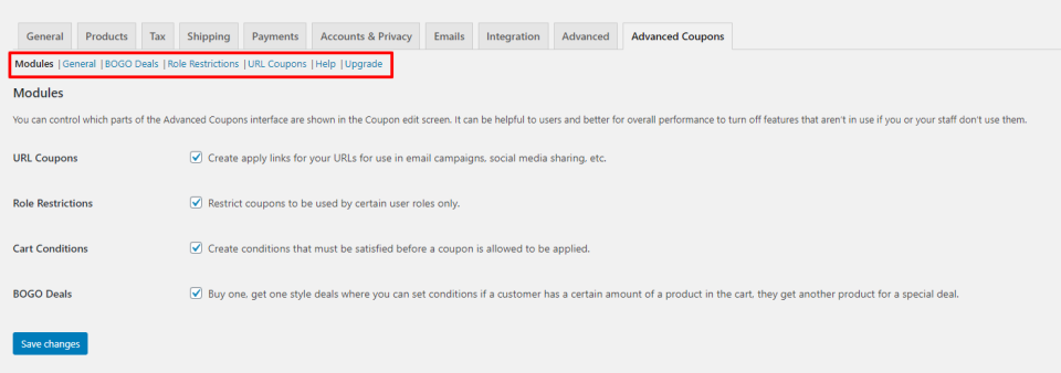 screenshot of Advanced Coupons